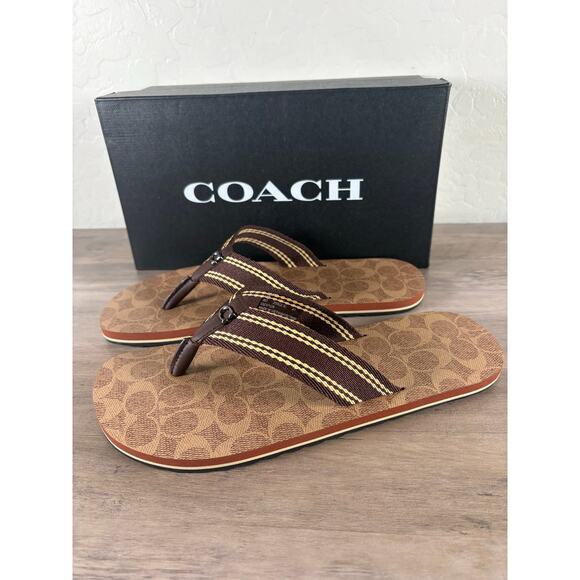 NIB Coach Mens Size 8 D Signature Webbing Flip Flop Sandals in Tan / Khaki - Picture 1 of 8